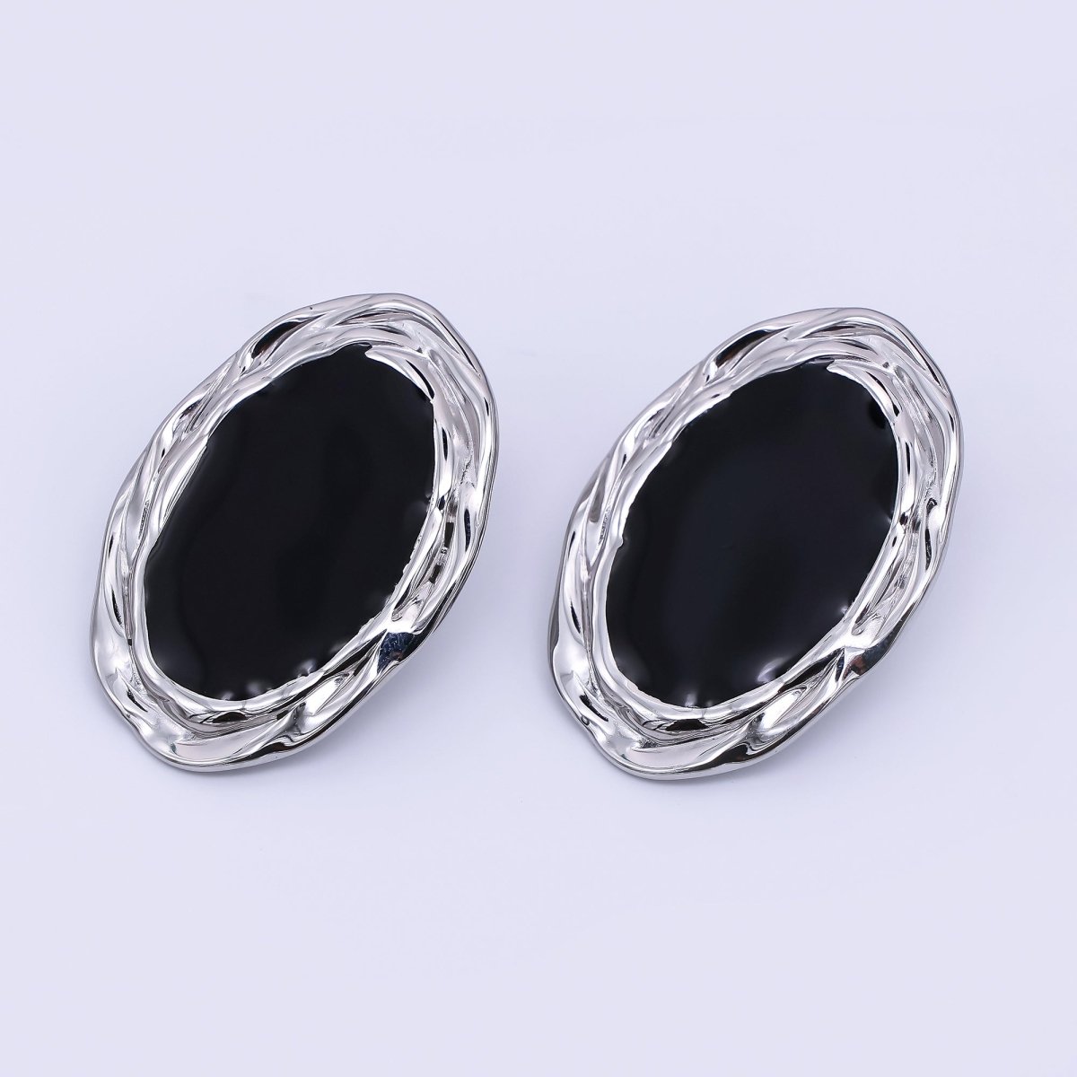 Gold & Silver Stainless Steel Black Enamel Oval Halo Void Stud Earrings | AJ091 AJ092 - DLUXCA