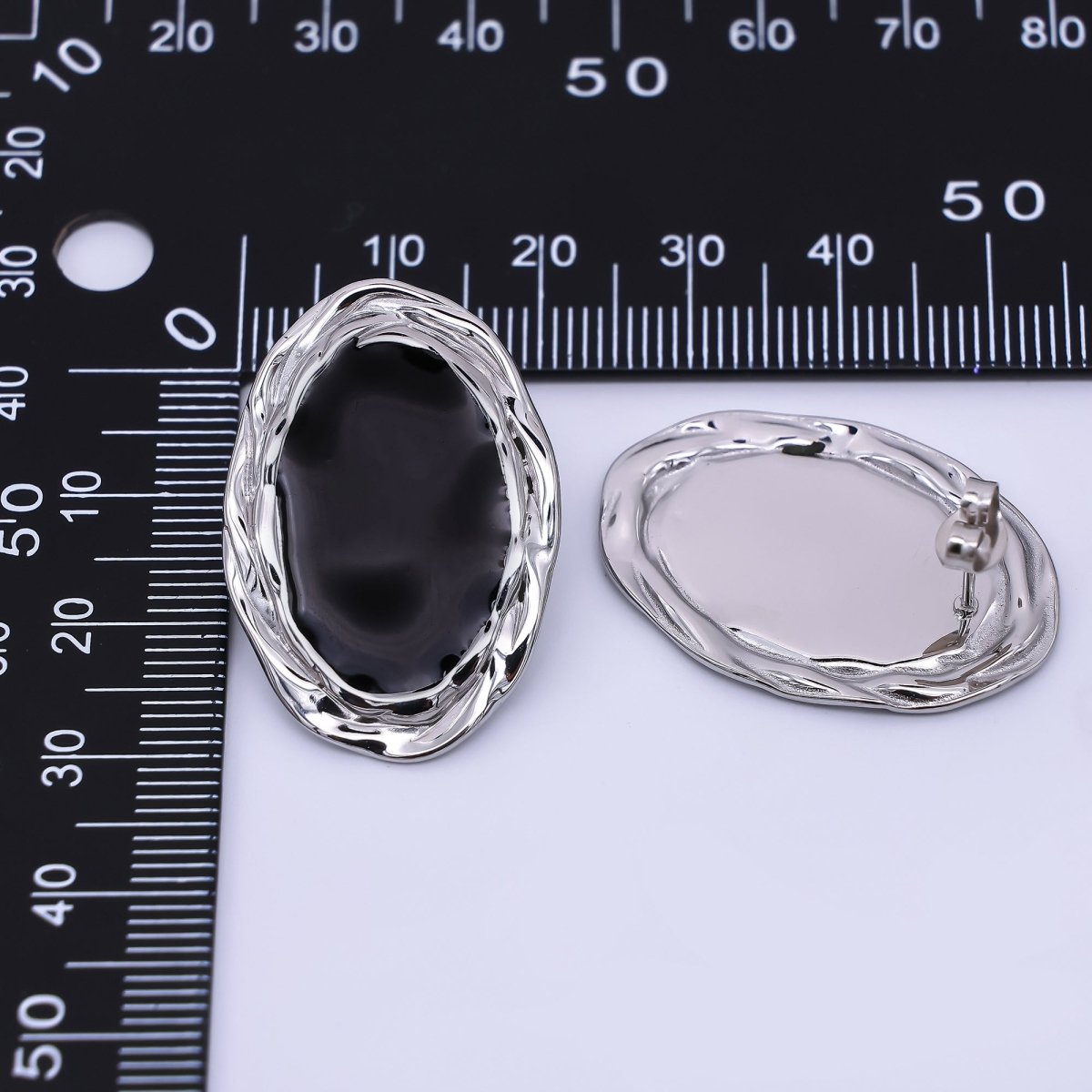 Gold & Silver Stainless Steel Black Enamel Oval Halo Void Stud Earrings | AJ091 AJ092 - DLUXCA