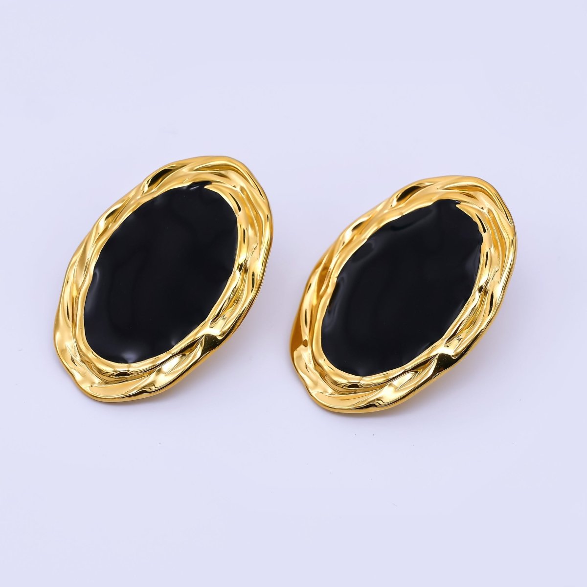 Gold & Silver Stainless Steel Black Enamel Oval Halo Void Stud Earrings | AJ091 AJ092 - DLUXCA