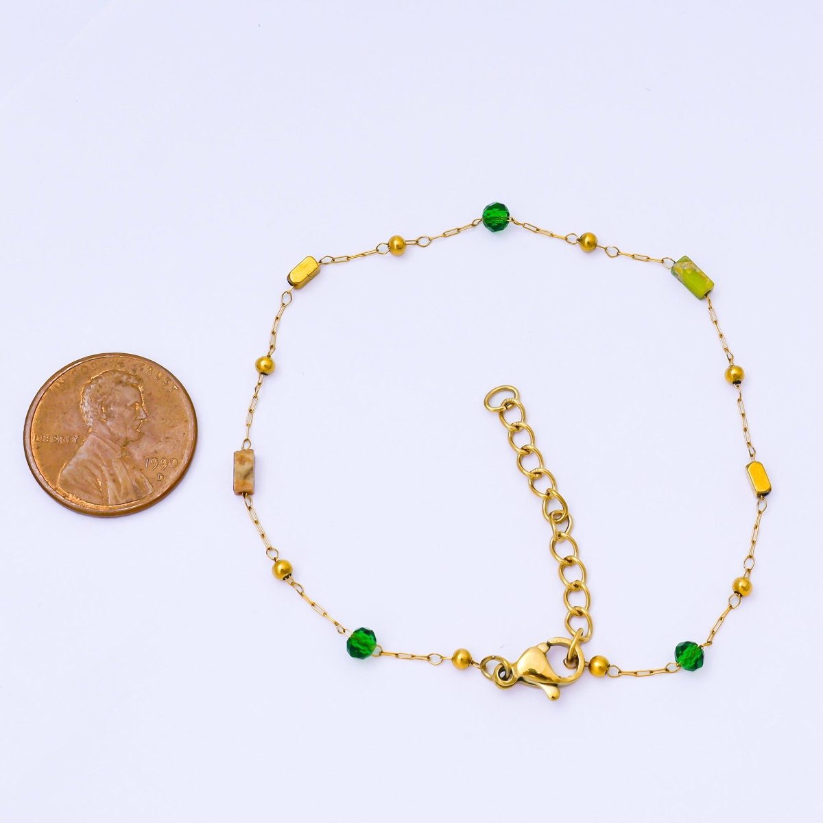 Gold Stainless Steel 2.3mm Green, Mint Green Satellite 7 Inches Glass Beads Bracelet | WA - 1371 - DLUXCA
