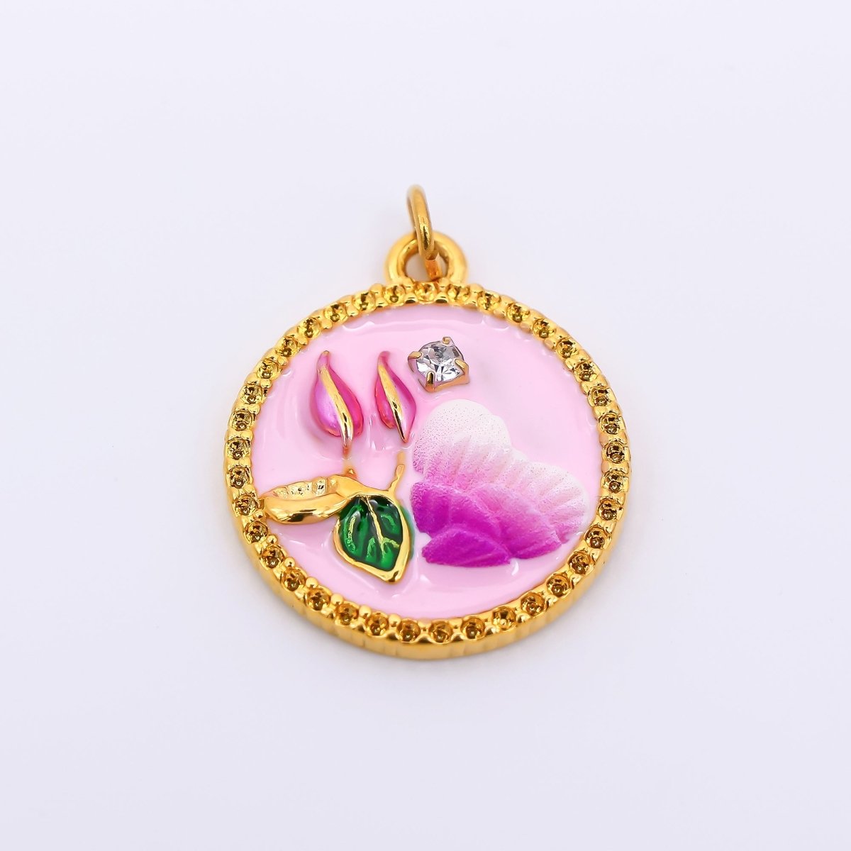 Gold Stainless Steel 23mm Round CZ Hand - Painted Enamel Flower & Heart Charm in Pink & Blue | J012 - DLUXCA