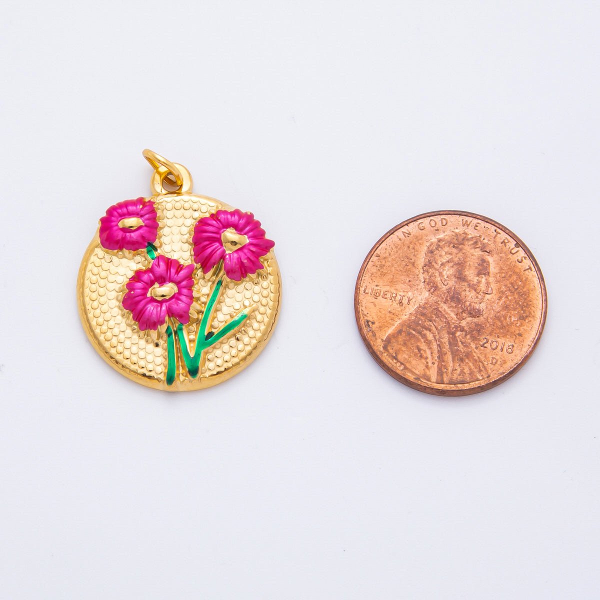 Gold Stainless Steel 26.5mm Fuchsia & White Enamel Flower in Coin Charm | J683 - DLUXCA