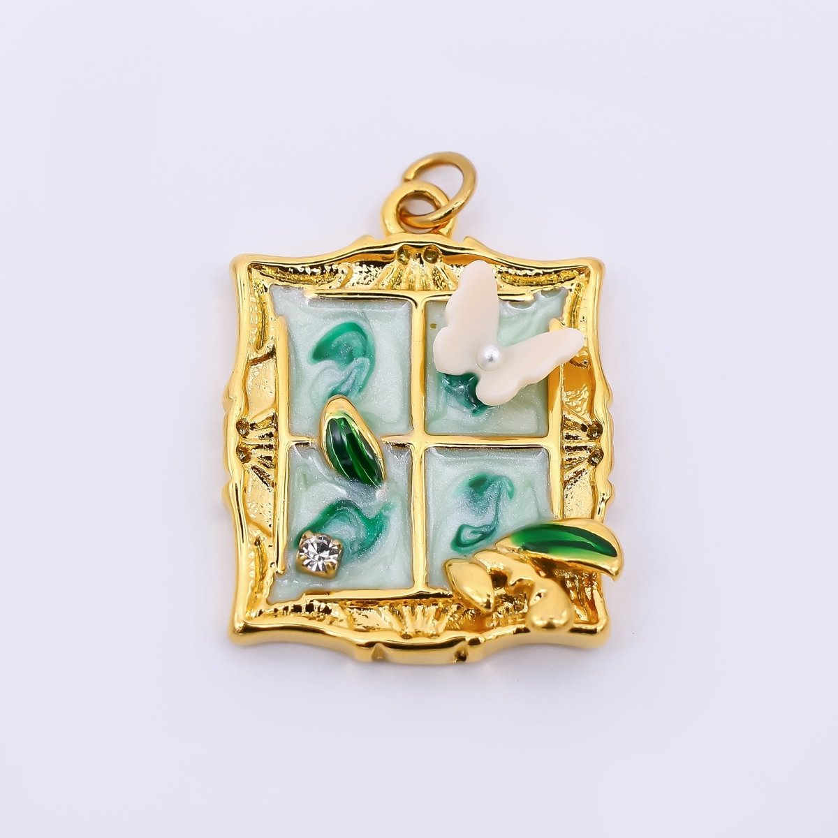 Gold Stainless Steel 26mm Hand - Painting Enamel Windows with Butterfly Charm in Green & Pink | J010 - DLUXCA