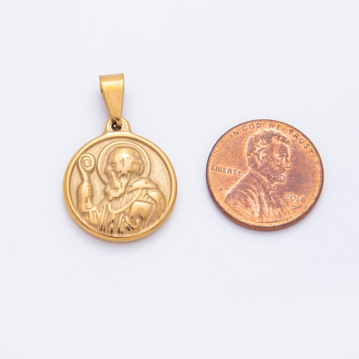 Gold Stainless Steel 28mm Saint Benedict Religious Medallion Pendant | J004 - DLUXCA