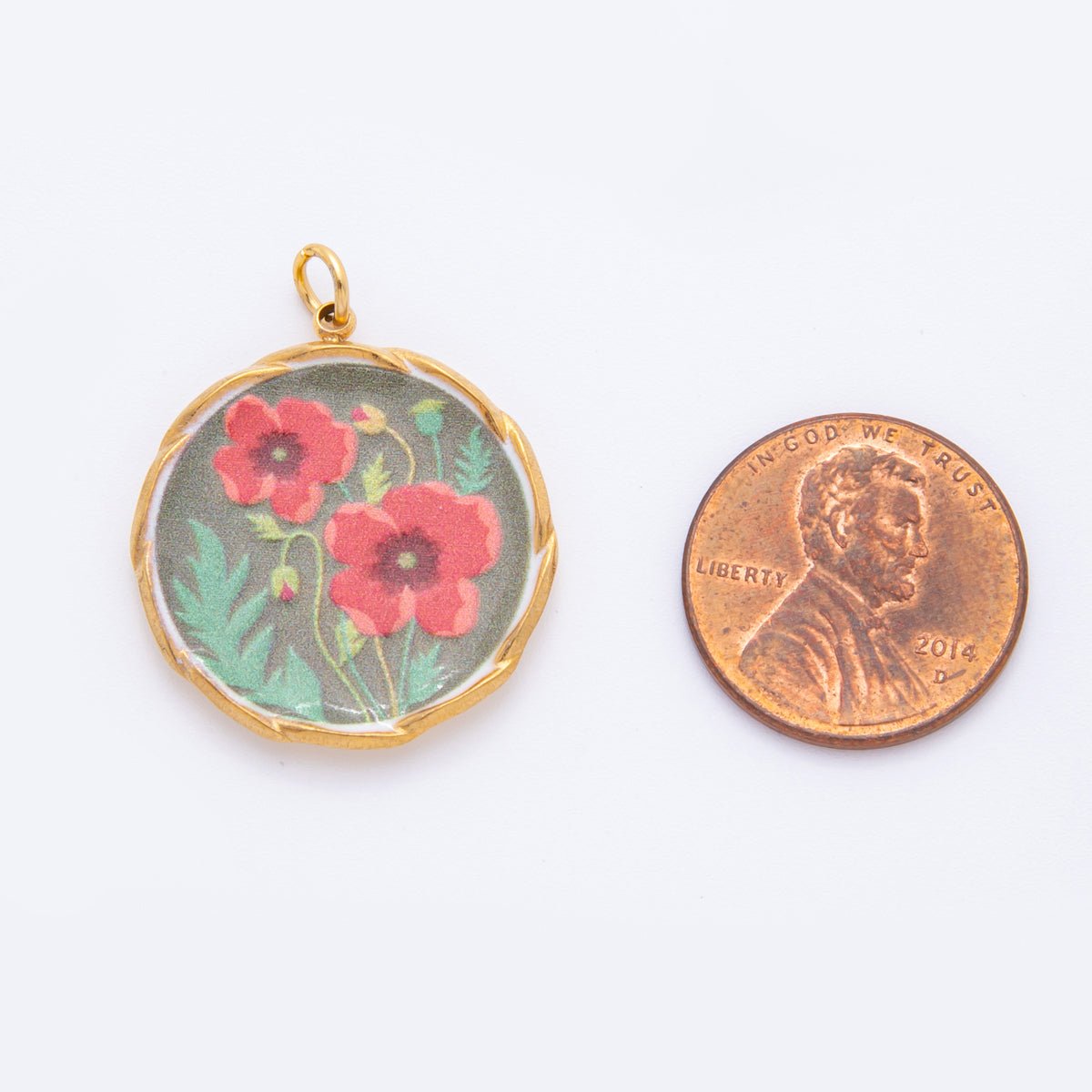 Gold Stainless Steel 29mm Hand - Painted Enamel Round Red Poppy Flower Charm | J337 - DLUXCA