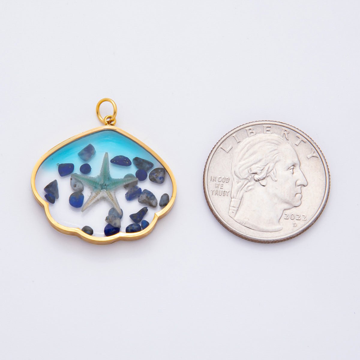 Gold Stainless Steel 29mm Ocean Blue Resin Starfish & Beach Stones Charm | J696 - DLUXCA