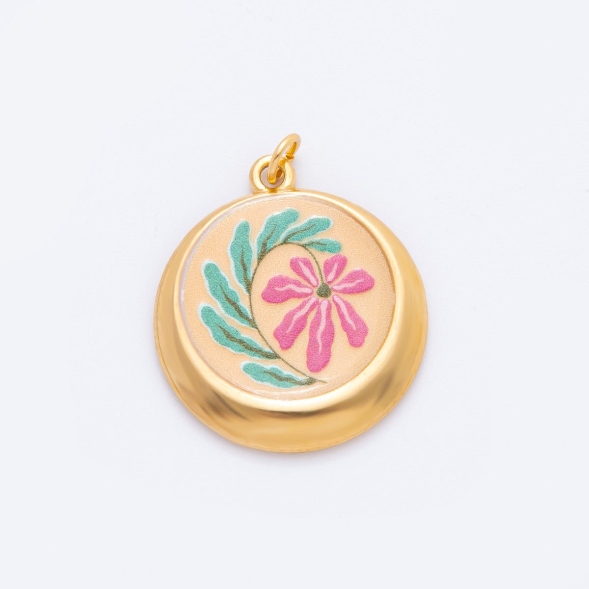 Gold Stainless Steel 30mm Hand - Painted Enamel Round Fantasy Butterfly, Sun, & Flower Charm | J381 J393 J422 J428 - DLUXCA