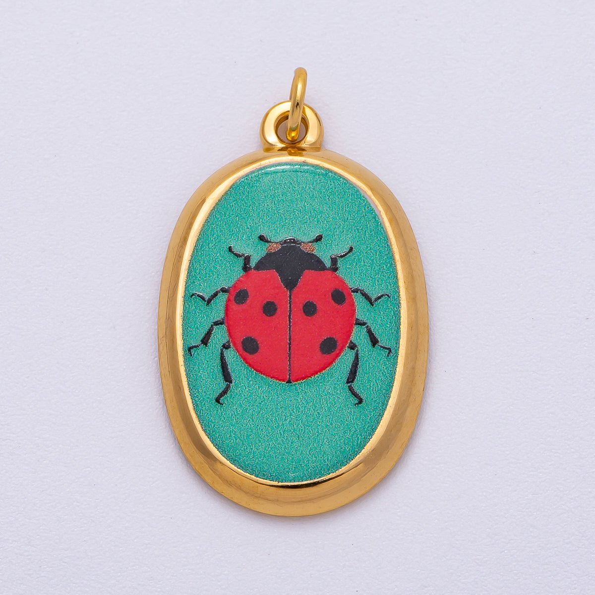 Gold Stainless Steel 31mm Hand - Painted Enamel Oval Ladybug Insect Charm | J420 - DLUXCA