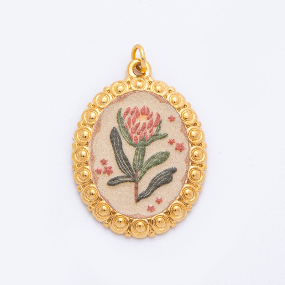 Gold Stainless Steel 33.5mm Hand - Painted Enamel Red Flower Artsy Charm | J011 J008 J009 J027 - DLUXCA