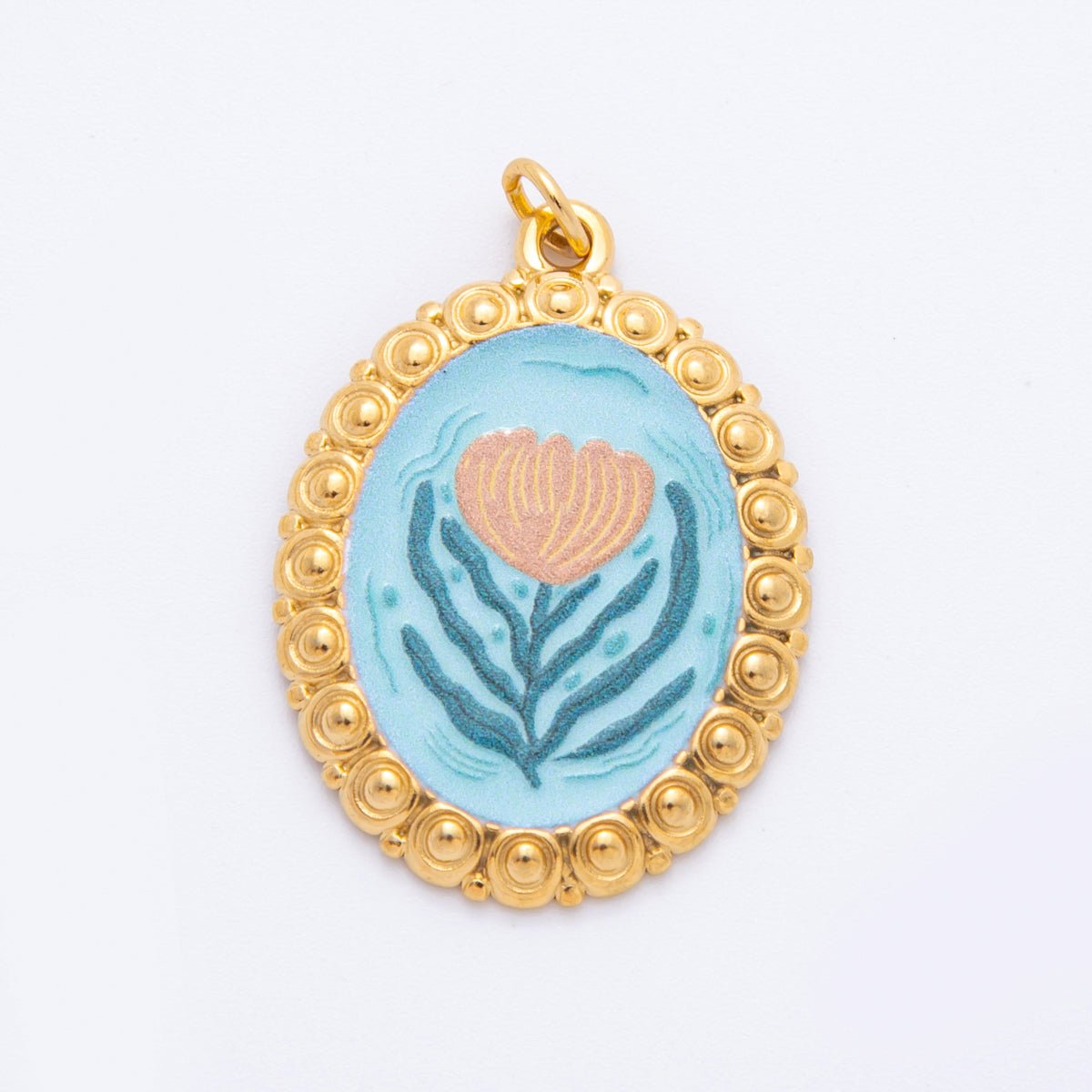 Gold Stainless Steel 33.5mm Hand - Painted Enamel Red Flower Artsy Charm | J011 J008 J009 J027 - DLUXCA