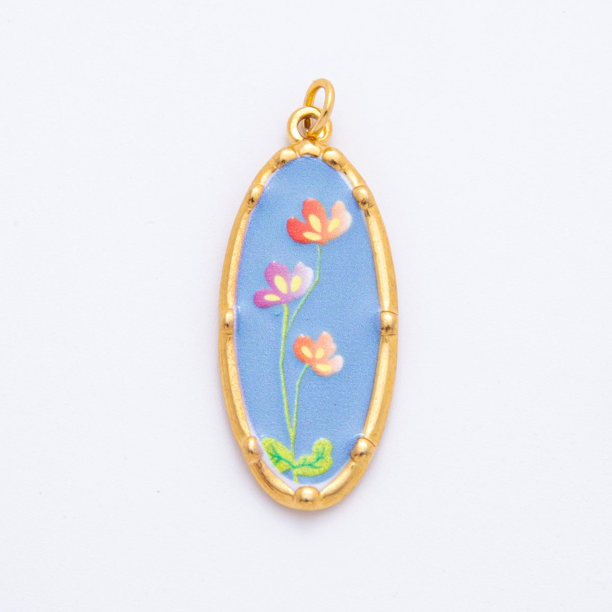 Gold Stainless Steel 37mm Hand - Painted Enamel Oval Wildflower Charm | J398 J406 J409 J411 J419 - DLUXCA