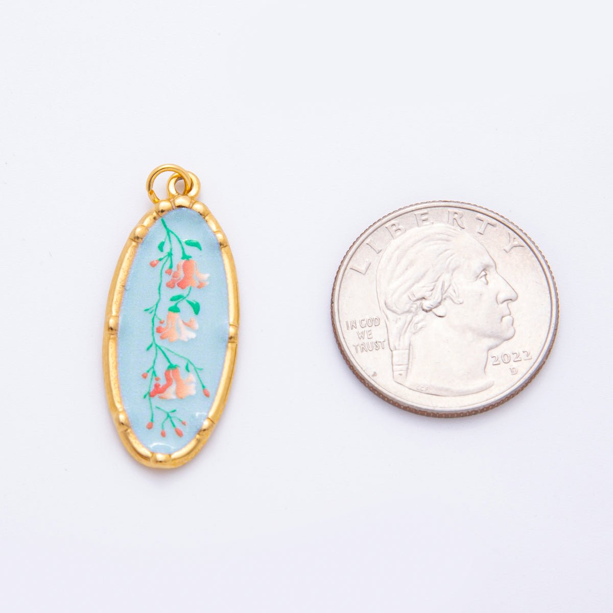 Gold Stainless Steel 37mm Hand - Painted Enamel Oval Wildflower Charm | J398 J406 J409 J411 J419 - DLUXCA
