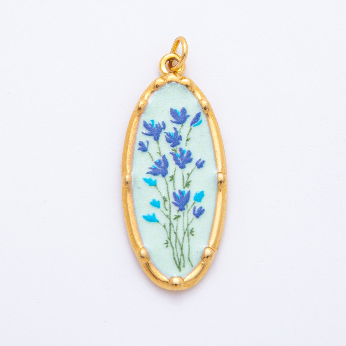 Gold Stainless Steel 37mm Hand - Painted Enamel Oval Wildflower Charm | J398 J406 J409 J411 J419 - DLUXCA