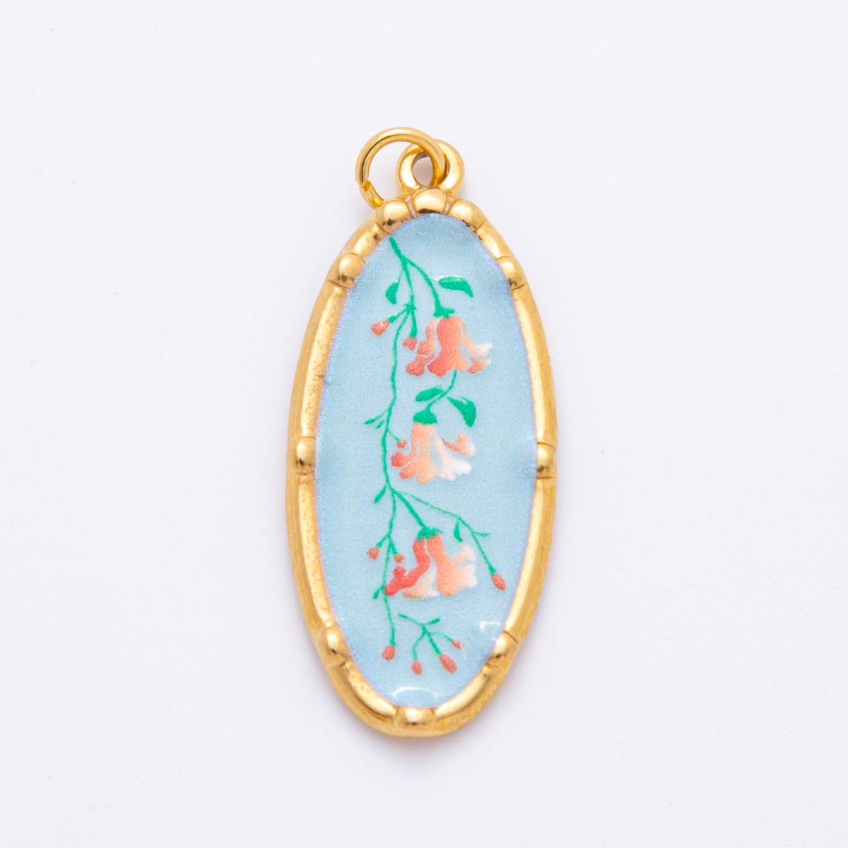Gold Stainless Steel 37mm Hand - Painted Enamel Oval Wildflower Charm | J398 J406 J409 J411 J419 - DLUXCA