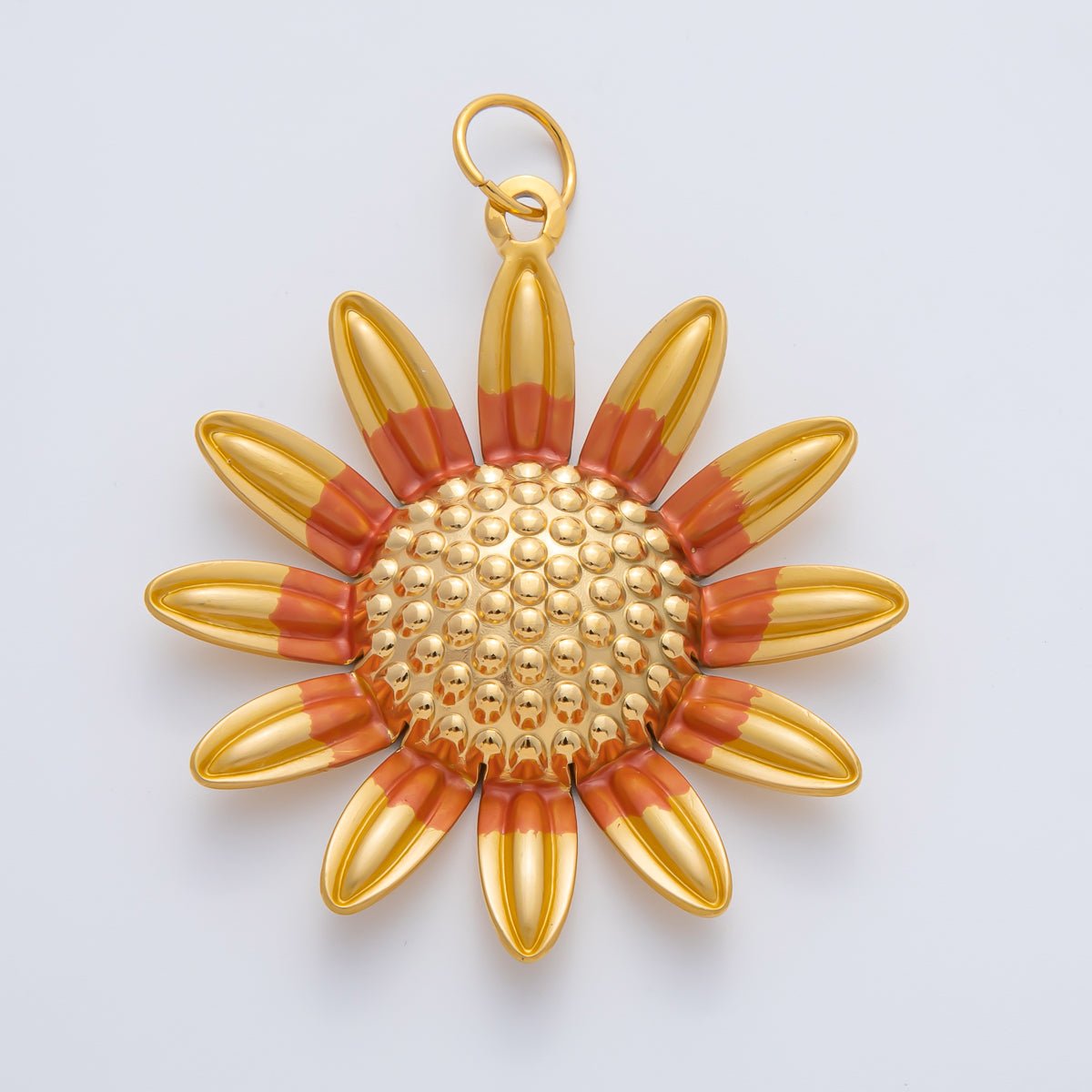 Gold Stainless Steel 57mm Big Yellow Orange Enamel Sunflower Charm Floral Pendant | J891 - DLUXCA