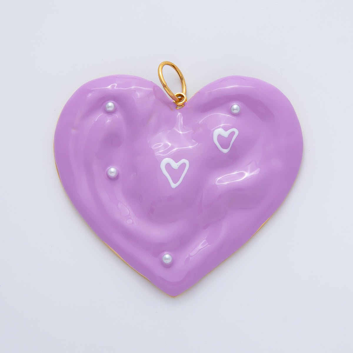 Gold Stainless Steel 57mm Purple Enamel Heart Charm | J873 - DLUXCA