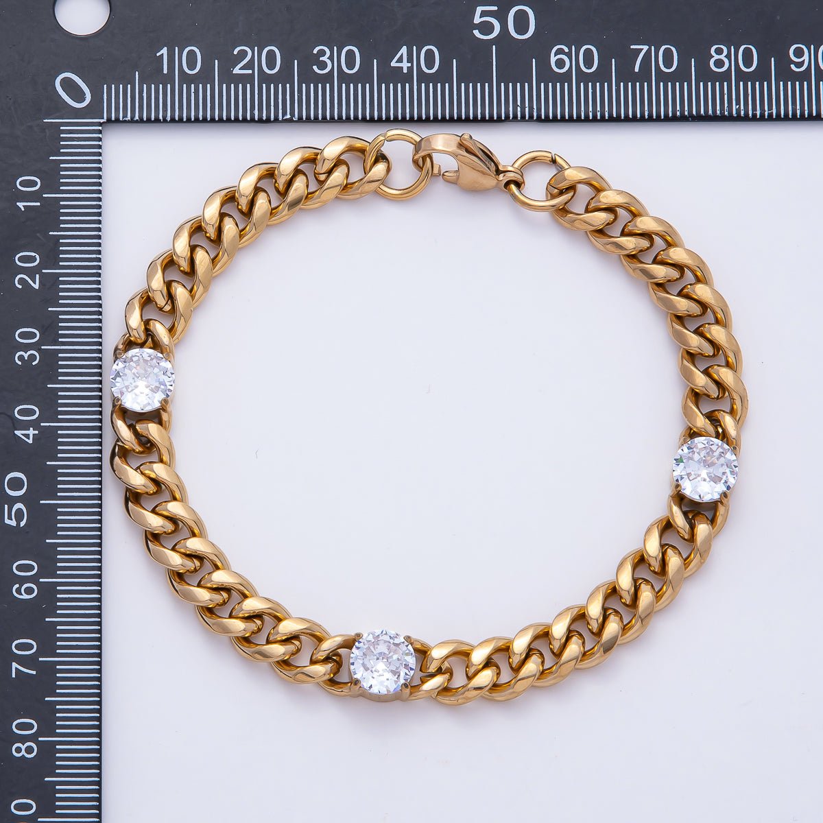 Gold Stainless Steel 8mm Triple CZ Curb Chain 8.66 Inch Bracelet | WA - 04036 - DLUXCA