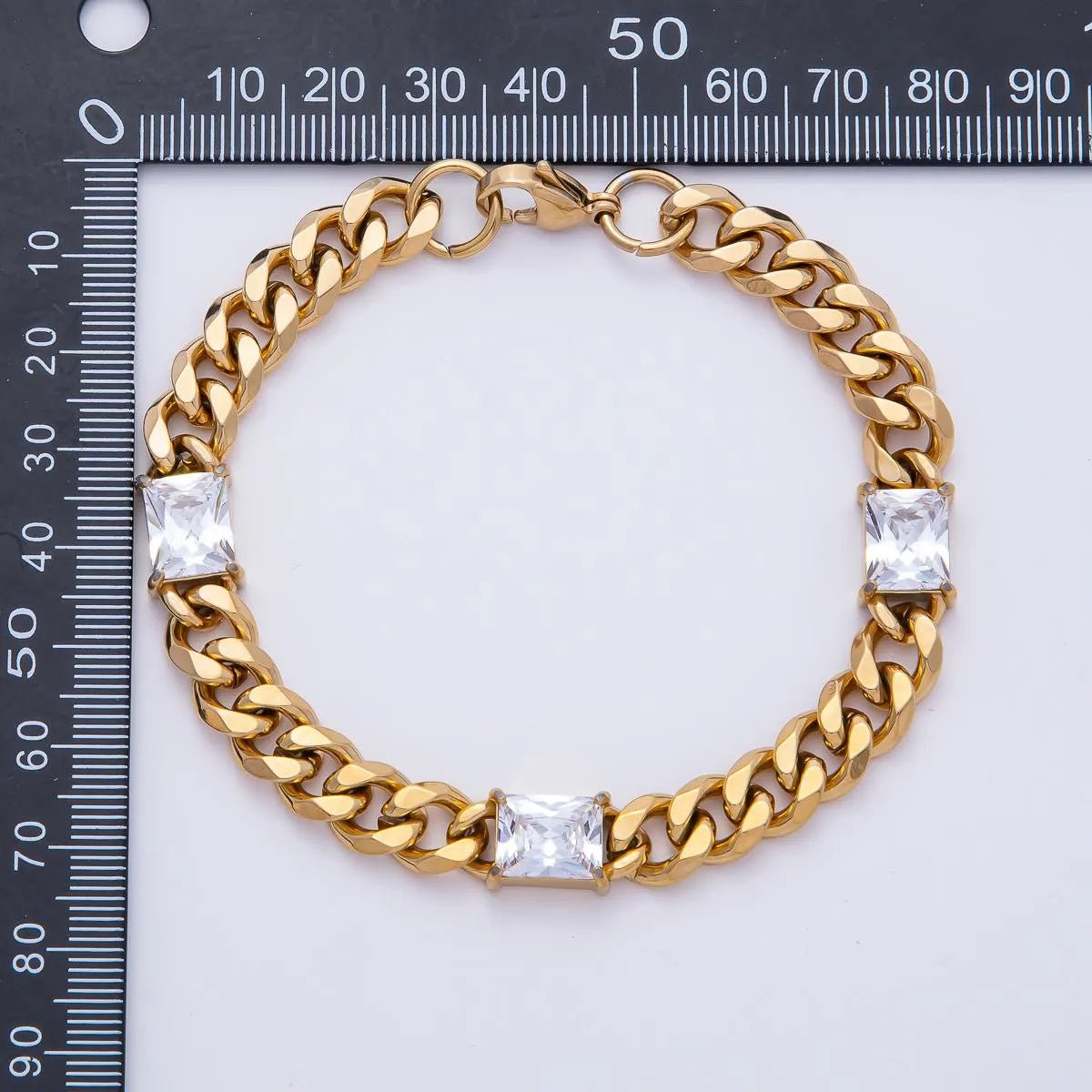 Gold Stainless Steel 9mm Triple Baguette CZ Curb Chain 8.86 Inch Bracelet | WA - 04162 - DLUXCA