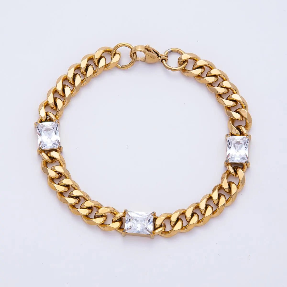 Gold Stainless Steel 9mm Triple Baguette CZ Curb Chain 8.86 Inch Bracelet | WA - 04162 - DLUXCA