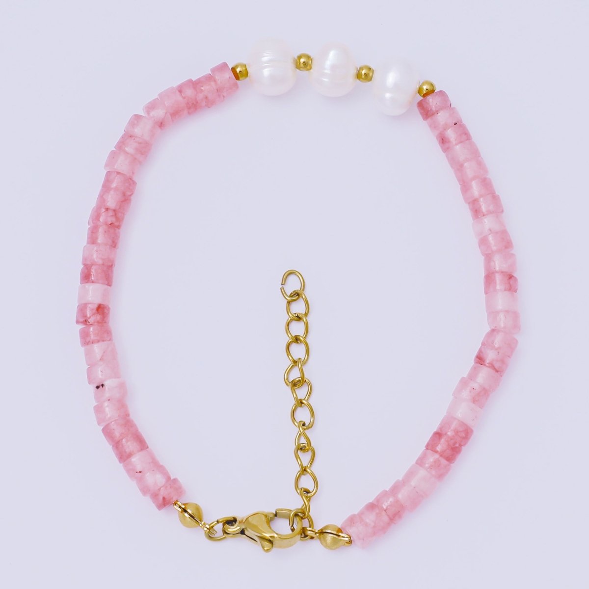 Gold Stainless Steel Aquamarine, Pink Jade Gemstone Beaded Pearl Bracelet | WA - 1347 WA - 1360 - DLUXCA