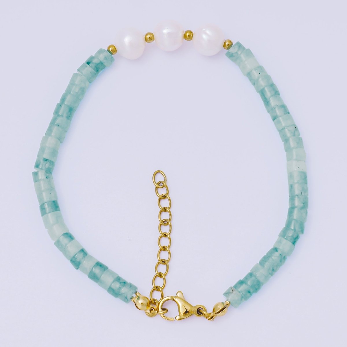 Gold Stainless Steel Aquamarine, Pink Jade Gemstone Beaded Pearl Bracelet | WA - 1347 WA - 1360 - DLUXCA