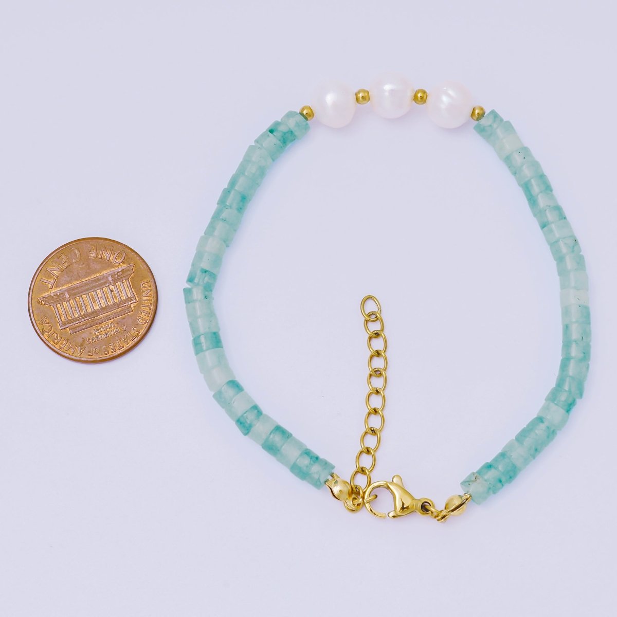 Gold Stainless Steel Aquamarine, Pink Jade Gemstone Beaded Pearl Bracelet | WA - 1347 WA - 1360 - DLUXCA
