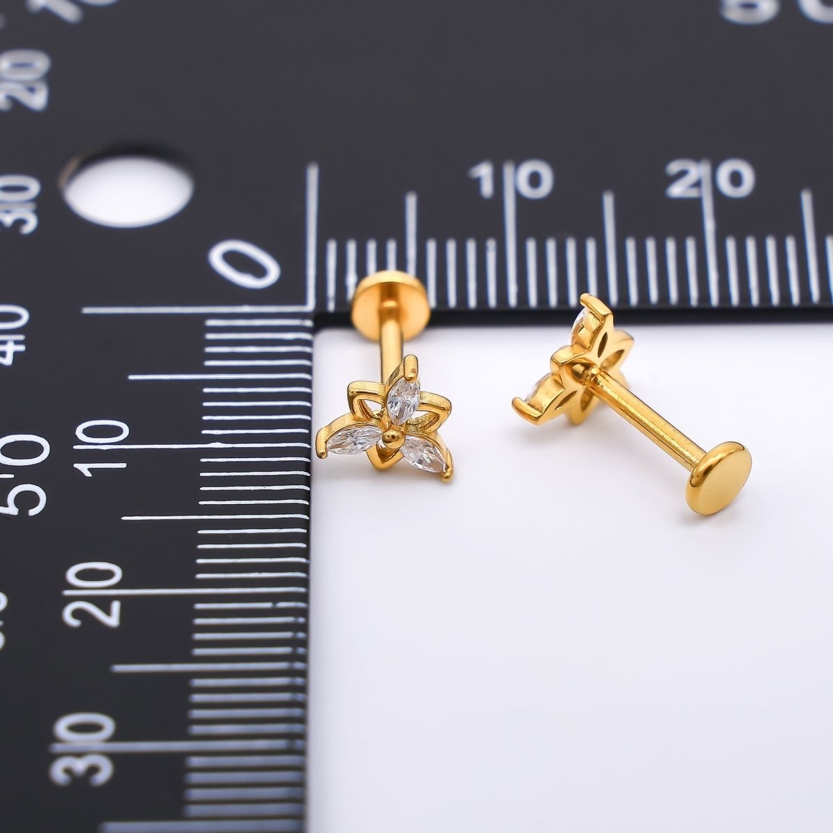 Gold Stainless Steel Marquise CZ Blooming Petals Floral Stud Earrings | AB1586 - DLUXCA