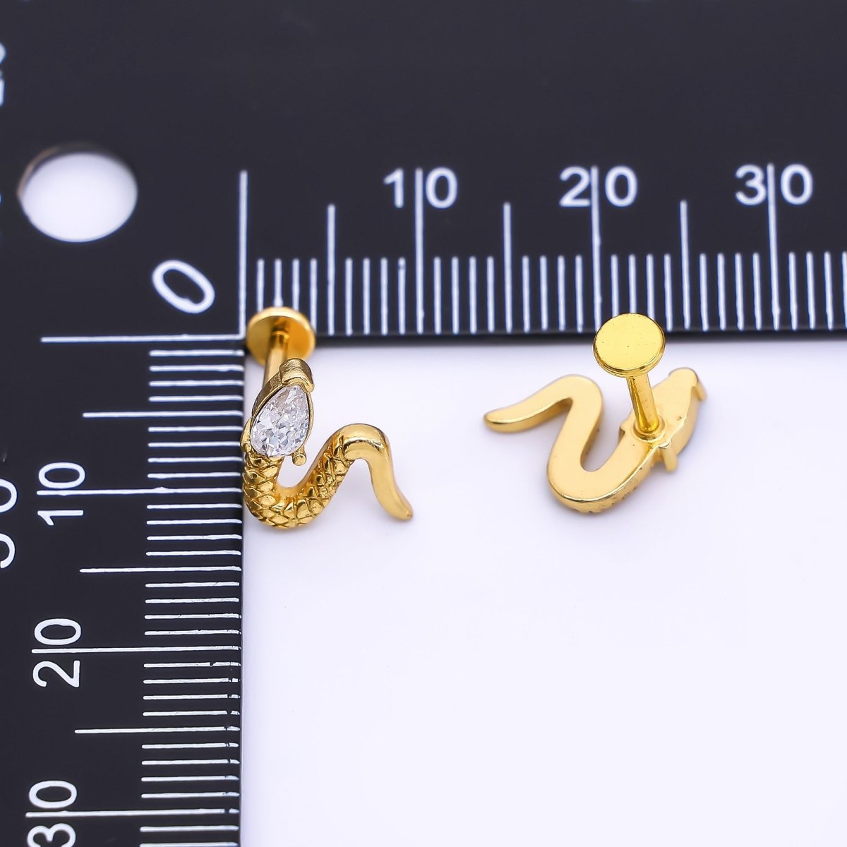Gold Stainless Steel Pear - Cut CZ Dainty Venomous Snake Stud Earrings | AB1587 - DLUXCA