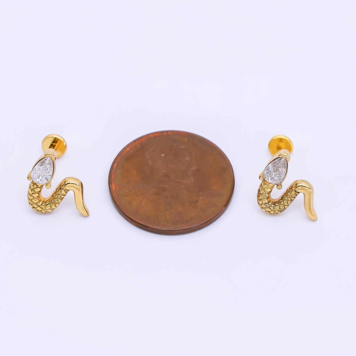 Gold Stainless Steel Pear - Cut CZ Dainty Venomous Snake Stud Earrings | AB1587 - DLUXCA