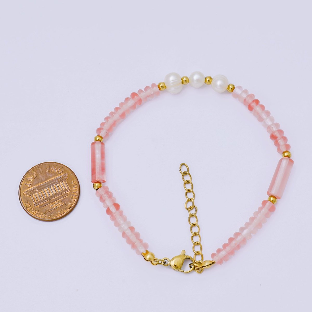 Gold Stainless Steel Watermelon Red Gemstone Tube Beaded Pearl Bracelet | WA - 1346 - DLUXCA