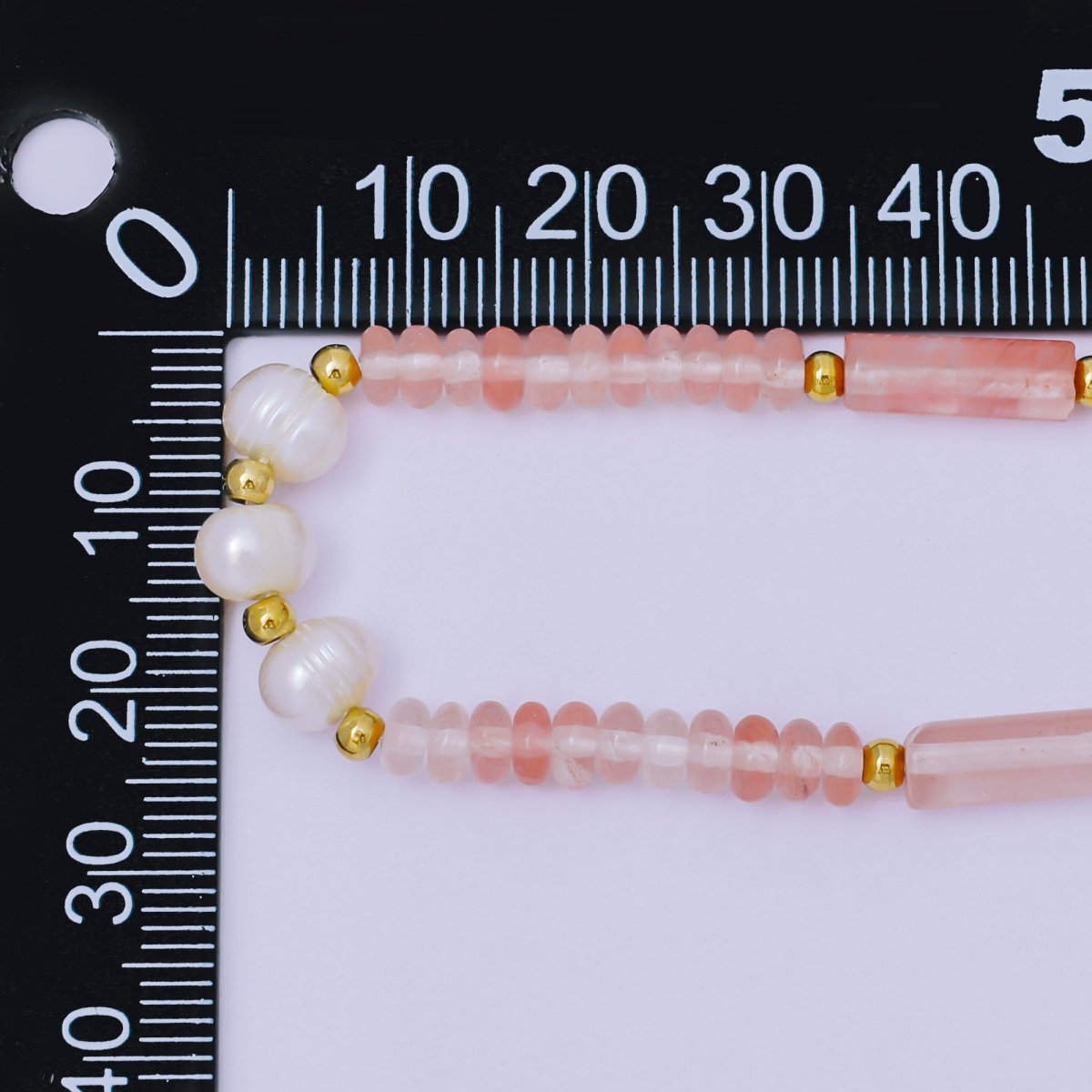 Gold Stainless Steel Watermelon Red Gemstone Tube Beaded Pearl Bracelet | WA - 1346 - DLUXCA