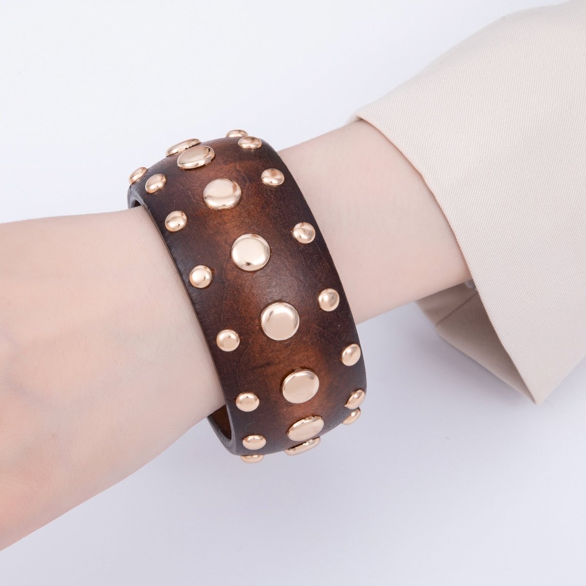 Gold Studded Wood Bangle Statement Bracelet | WA - 04314 - DLUXCA