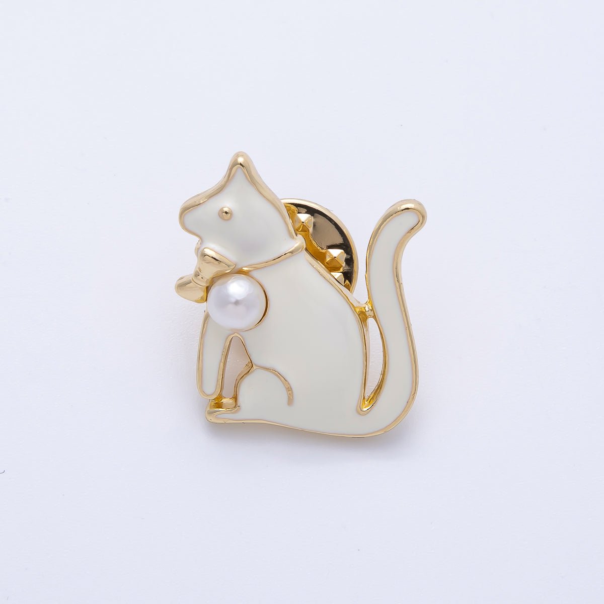 Gold White Acrylic Pearl Enamel Cat Kitten Pet Pin Brooch | BH - 047 - DLUXCA