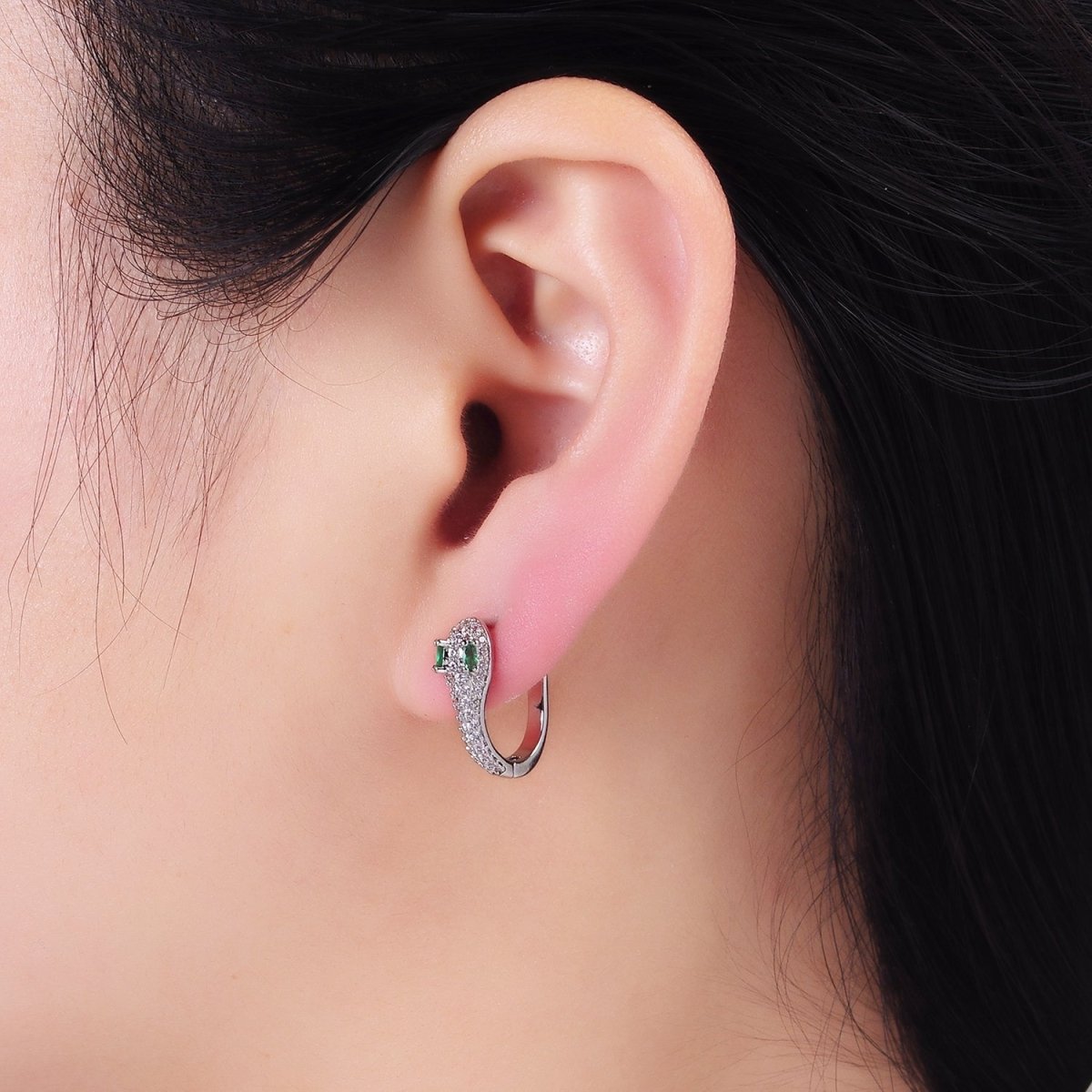 Green CZ-Eyed Micro Paved Snake English Lock Earrings in Gold & Silver | P488 - DLUXCA