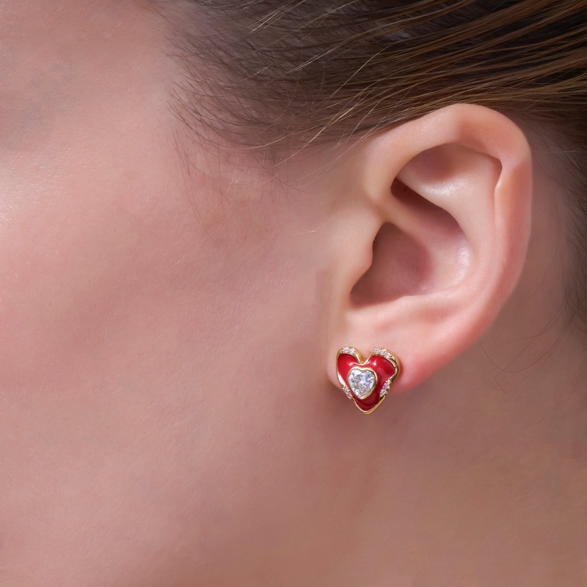 Green, Red Enamel CZ Molten Heart Stud Earrings in Gold & Silver | AE248 - AE252 - DLUXCA