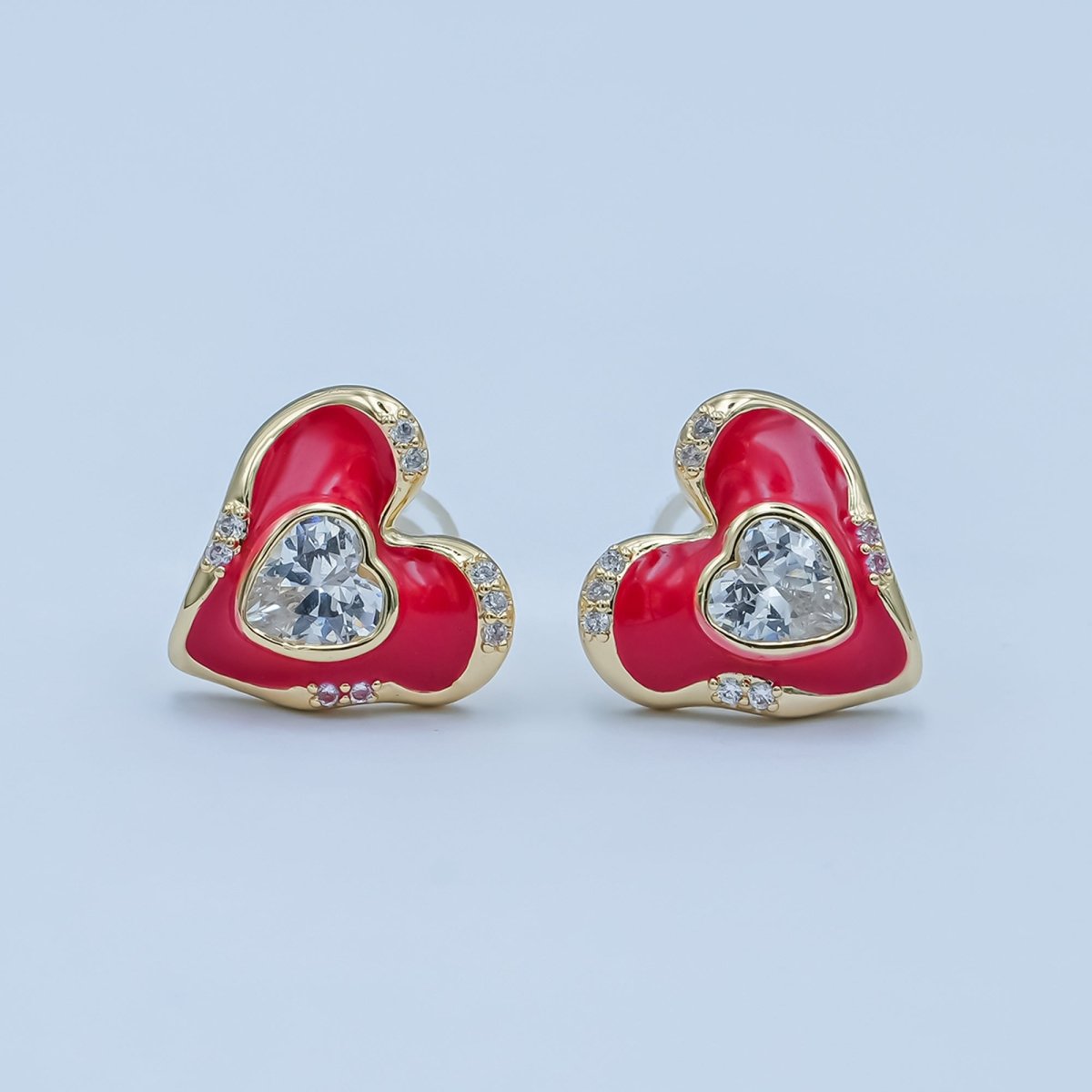 Green, Red Enamel CZ Molten Heart Stud Earrings in Gold & Silver | AE248 - AE252 - DLUXCA
