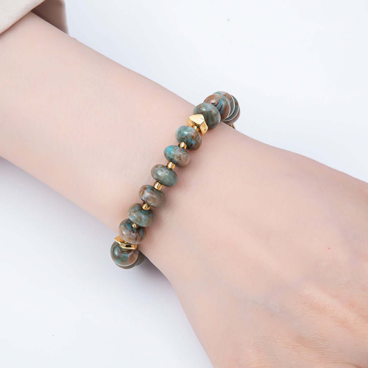 Handmade 10mm Round Flat Rondelle Bead Resin 7.5 Inch Bracelet w/ Extender Gold Pvd Stainless Steel | WA-04613 - WA-04618 - DLUXCA