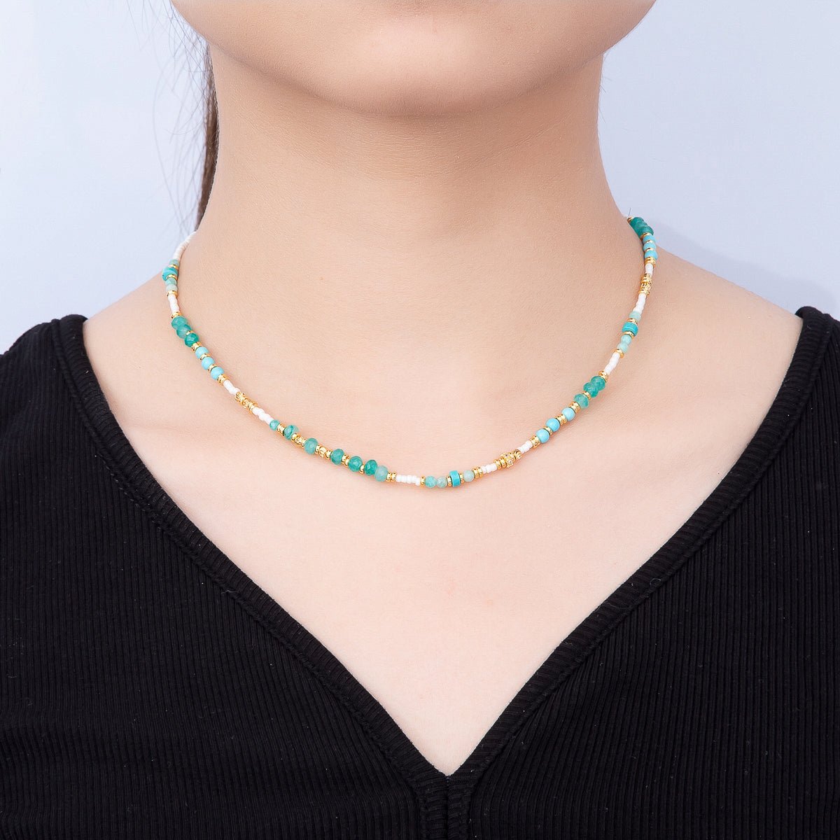 Handmade 4mm Amazonite White Quartz Rondelle Gemstone Chain 16 Inch Necklace | WA-00460 - DLUXCA