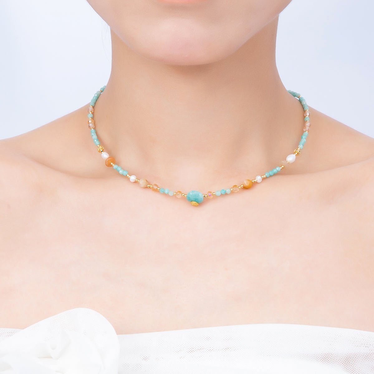 Handmade 4mm Citrine Aquamarine Round Gemstone Chain 16 Inch Necklace | WA-00319 - DLUXCA