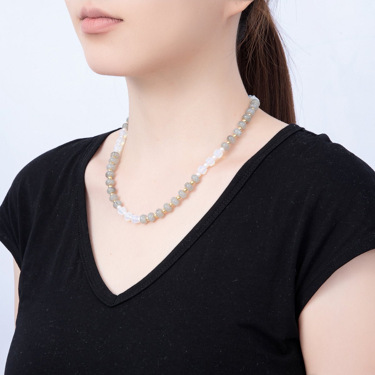 Handmade 4mm Grey Labradorite White Opal Rondelle Gemstone Chain 19 Inch Necklace | WA-01166 - DLUXCA