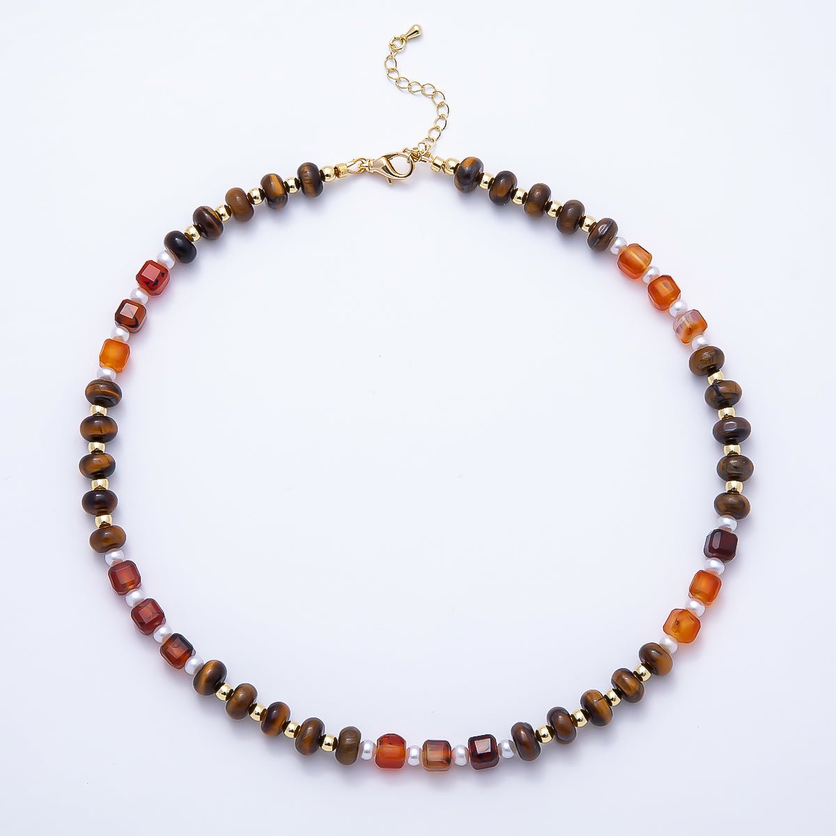 Handmade 4mm Shell Pearl Orange Citrine Tiger Eye Rondelle Gemstone Chain 19 Inch Necklace | WA-01162 - DLUXCA