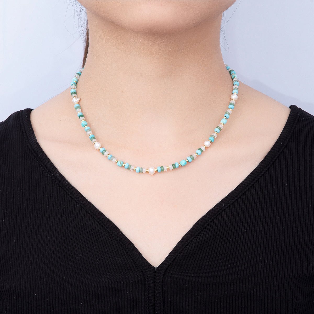 Handmade 4mm Shell Pearl Turquoise Aventurine Clear Quartz Rondelle Gemstone Chain 16 Inch Necklace | WA-00451 - DLUXCA