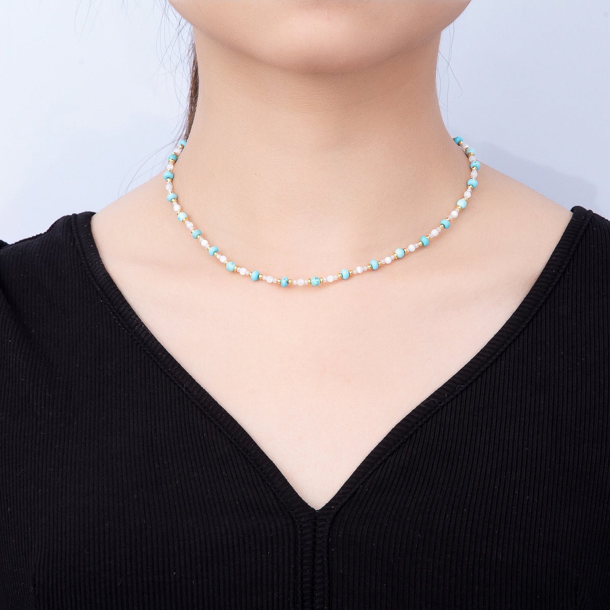 Handmade 4mm Turquoise Aventurine White Quartz Rondelle Gemstone Chain 16 Inch Necklace | WA-00453 - DLUXCA