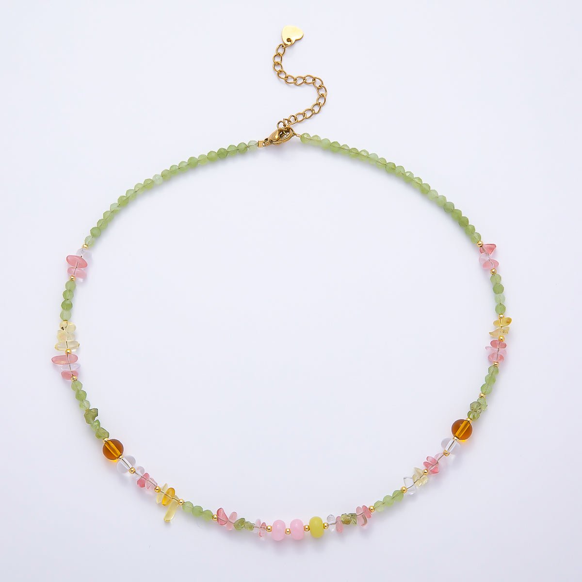 Handmade 5mm Pink Quartz Green Peridot Earth Tone Rondelle Pebble Multi Gemstone Chain 16 Inch Necklace | WA-04733 - DLUXCA