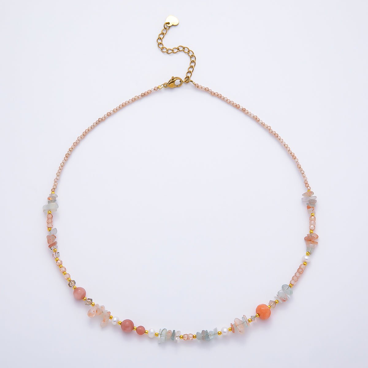 Handmade 5mm Shell Pearl Pink Quartz Blue Aquamarine Round Pebble Gemstone Chain 16 Inch Necklace | WA-04737 - DLUXCA