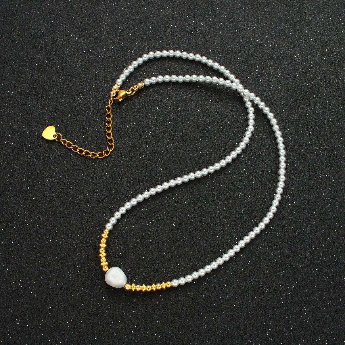 Handmade Imitation Pearl Beaded Chain Necklace with Freshwater Pearl Charm 16.14 Inch with Extender | WA2577 - DLUXCA