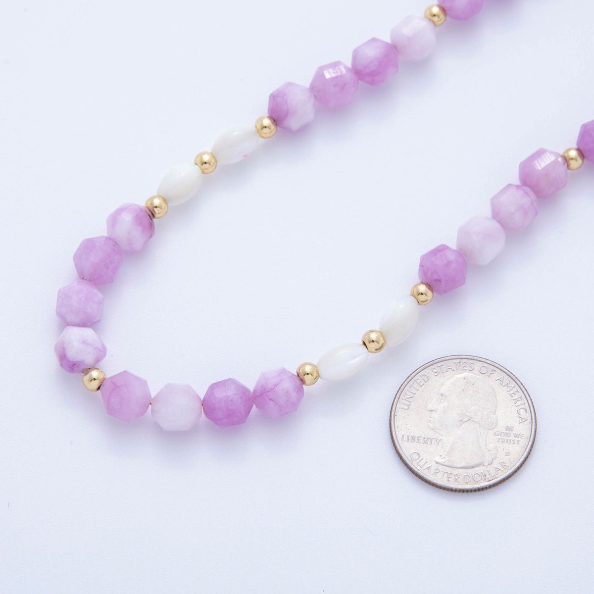 Handmade Lavender Stone Beads 18K Gold Filled Shell Pearl Gemstone Cluster Beaded Necklace | WA - 092 - DLUXCA
