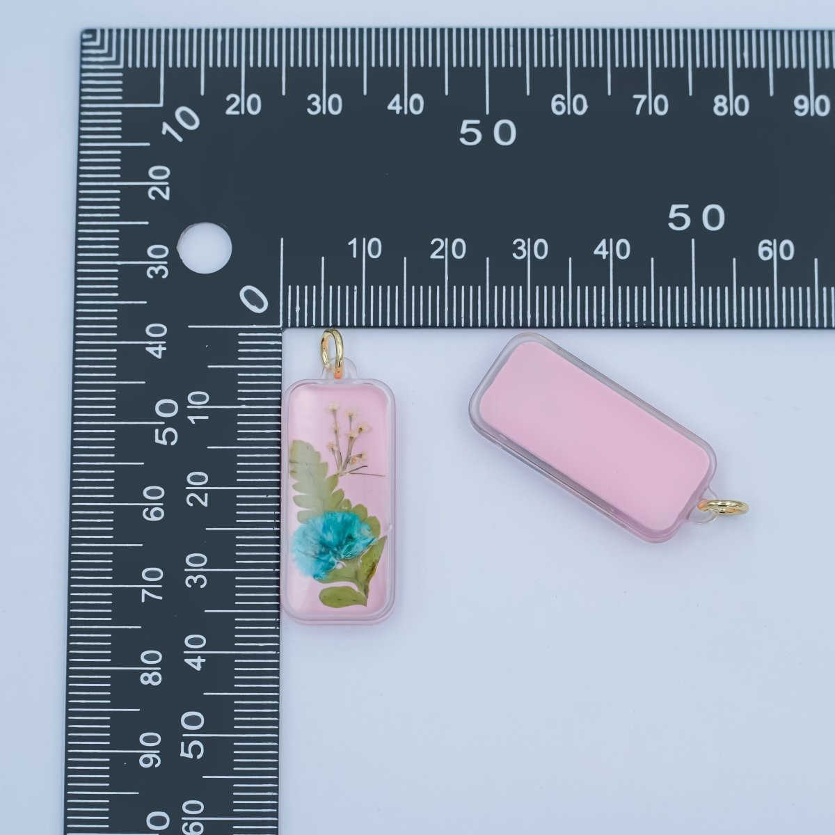 Handmade Pressed Blue Flower Pink Rectangular Resin Charm | N064 - DLUXCA