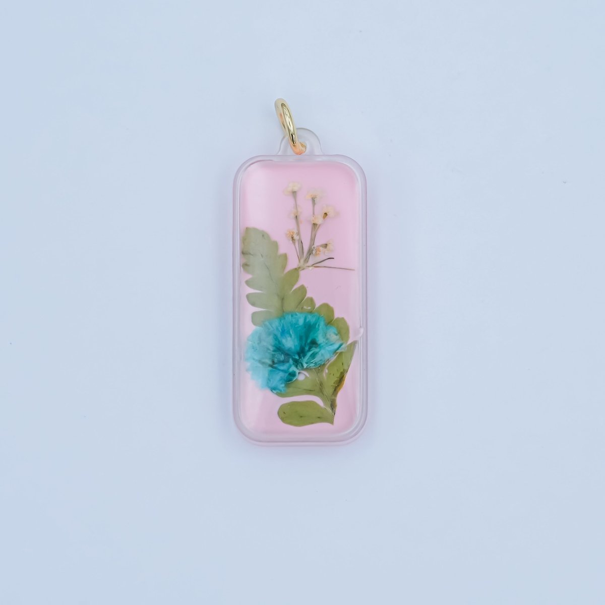 Handmade Pressed Blue Flower Pink Rectangular Resin Charm | N064 - DLUXCA