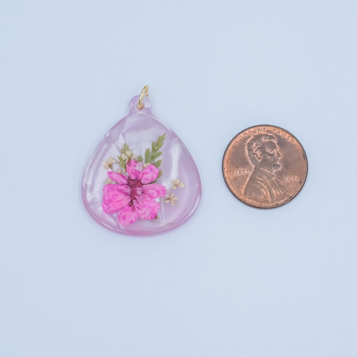Handmade Pressed Pink Hibiscus Flower Teardrop Resin Charm | N061 - DLUXCA